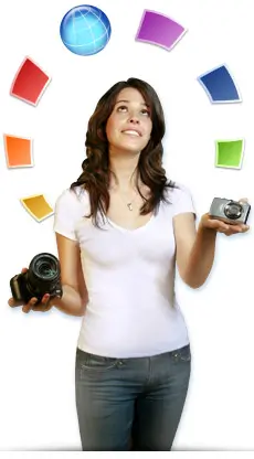 Woman with cameras surrounded by colorful icons.